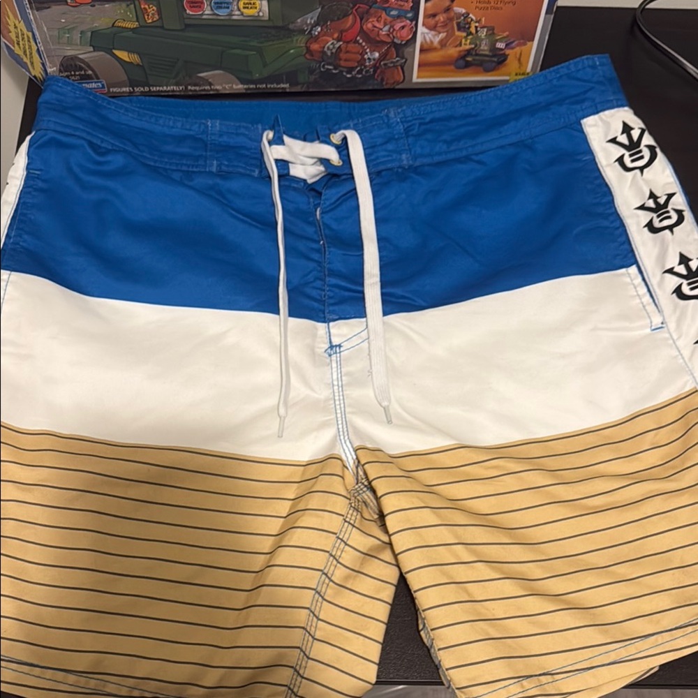 Blue and White Board Shorts with Drawstring Waist
